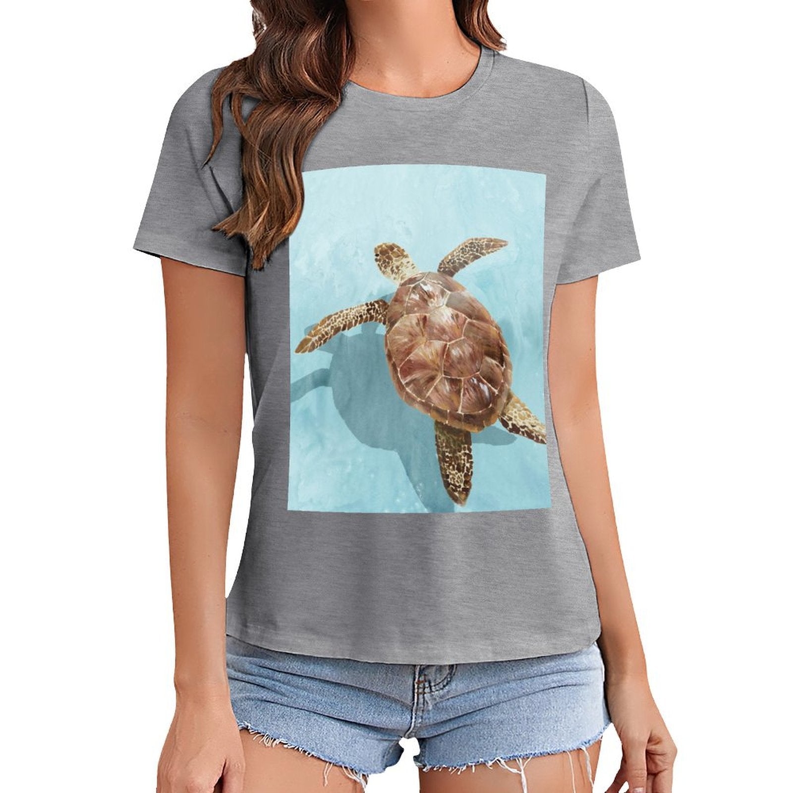 Women's gray crewneck t-shirt with sea turtle print, MyArtsyGift, casual wear
