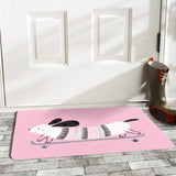 Pink dog doormat with cartoon dachshund on skateboard, indoor or outdoor use, durable rubber floor mat