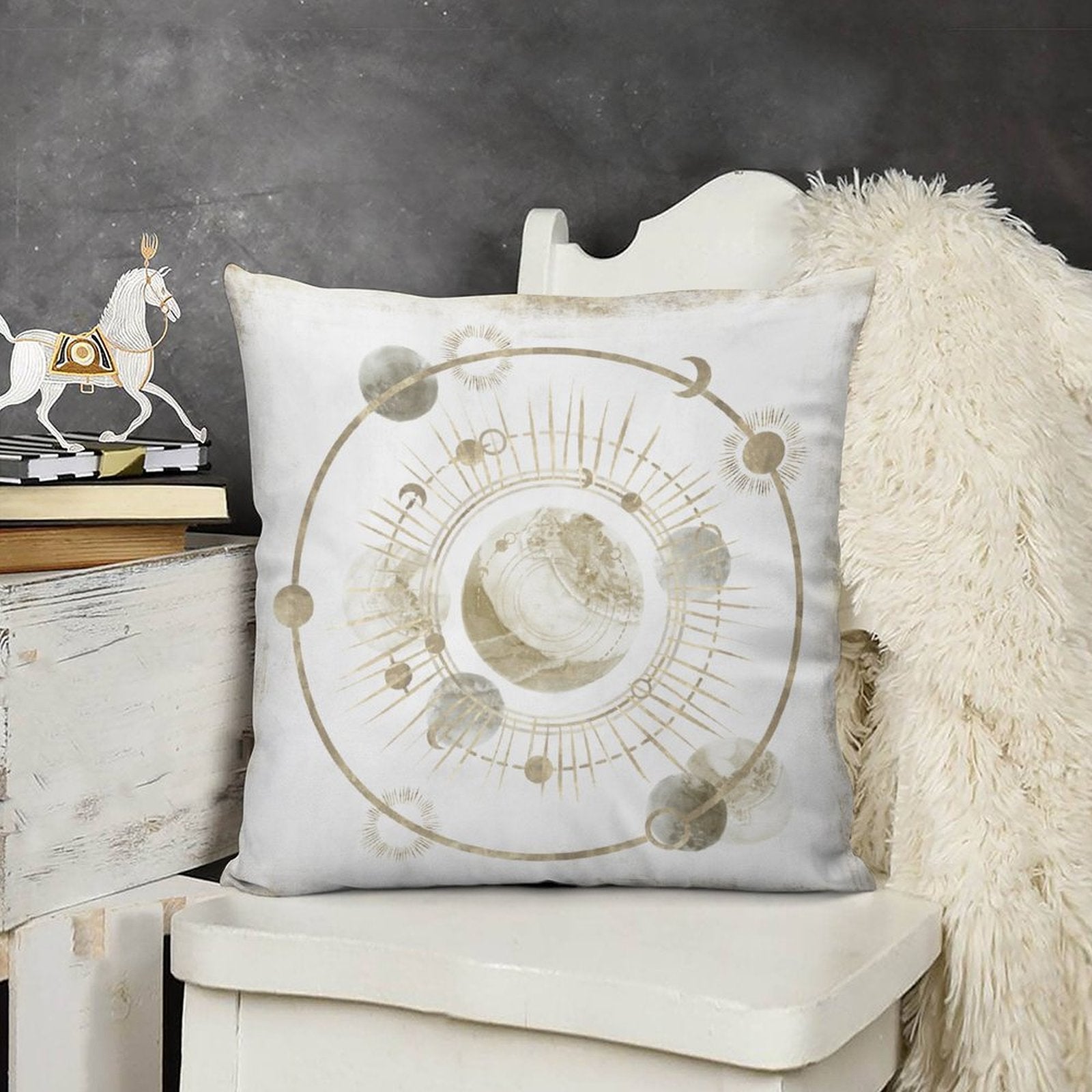 Plush throw pillow cover with gold celestial design. Soft, decorative pillow for sofa or couch. MyArtsyGift