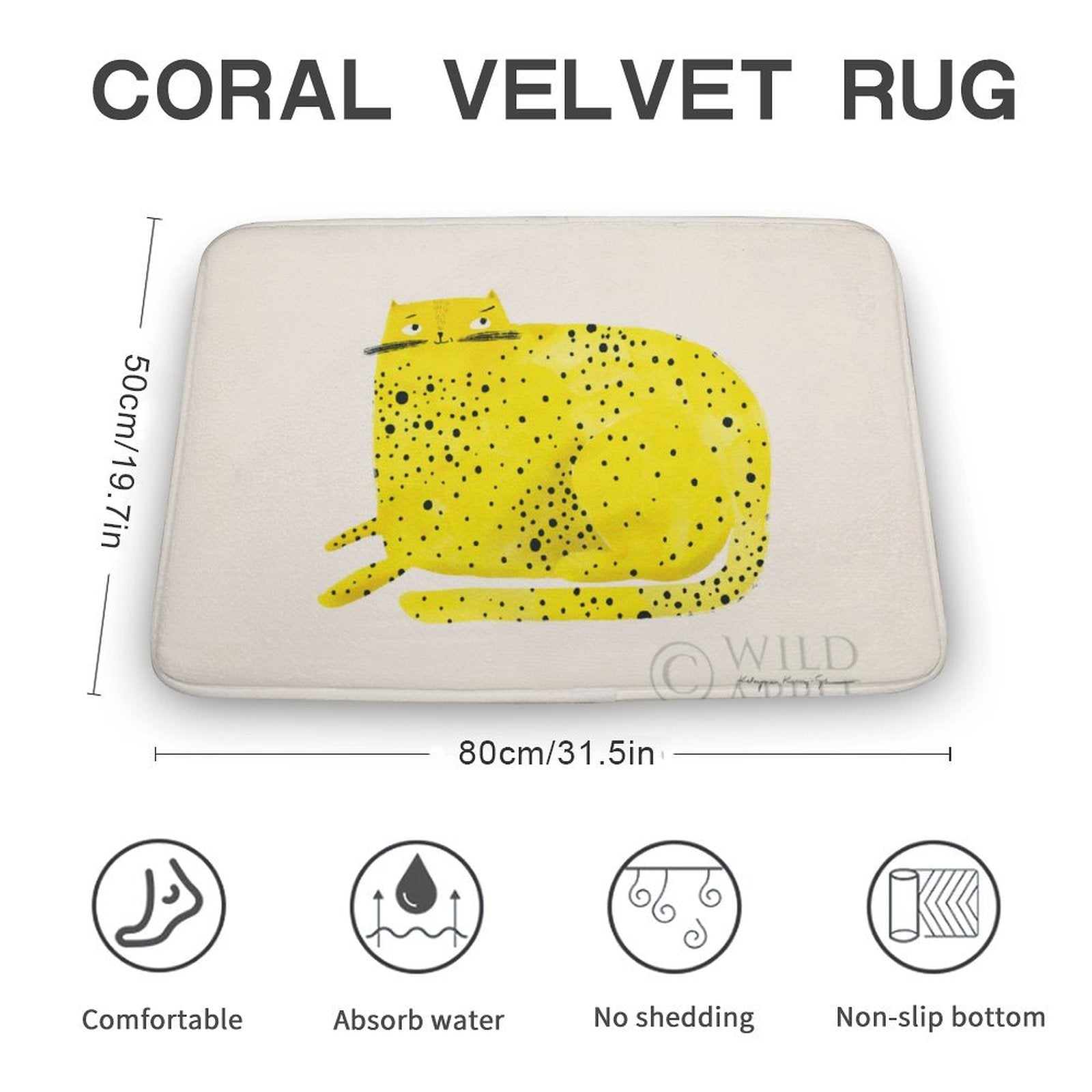 Coral velvet rug with a yellow cheetah design, non-slip, absorbent, and suitable for bathroom use