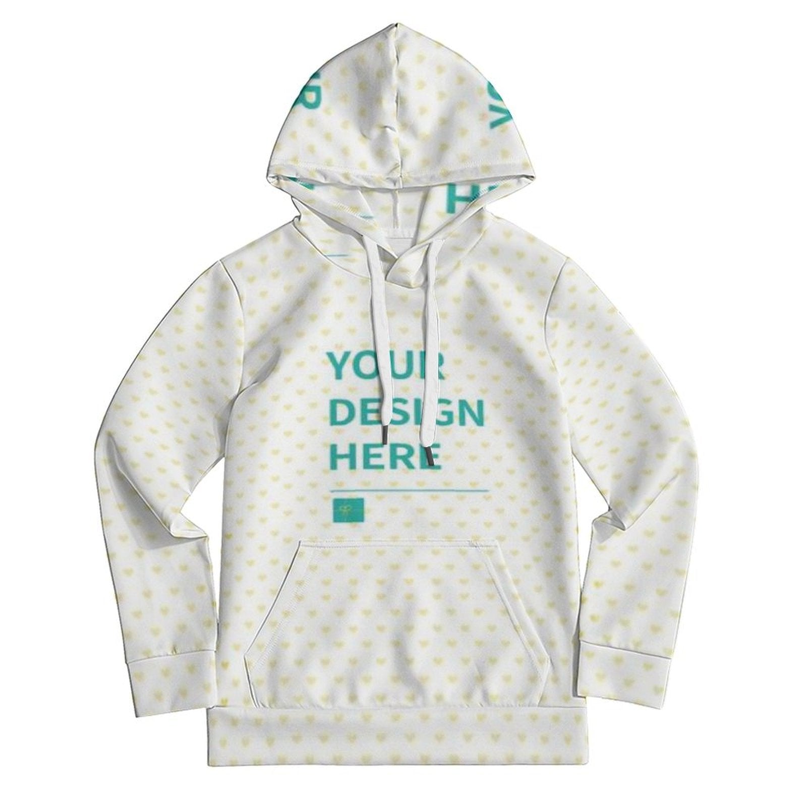 Custom kids hoodie, white with heart pattern, features Your Design Here text, personalized sweatshirt