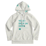 Custom kids hoodie, white with heart pattern, features Your Design Here text, personalized sweatshirt