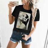 Black graphic t-shirt with a woman and headphone art print for women; MyArtsyGift.com product.