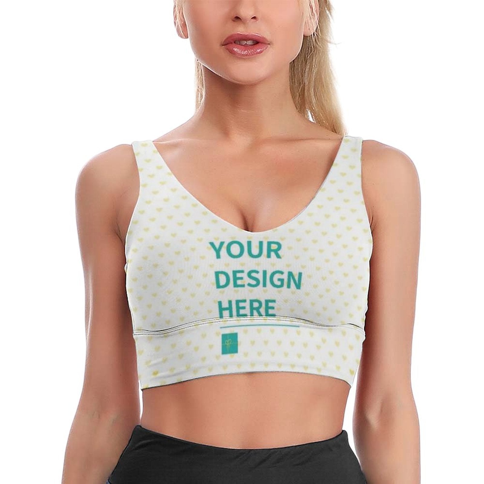 Custom Sports Bra, "YOUR DESIGN HERE" on white with yellow hearts. Breathable fabric, perfect for workouts. Womens tank top.