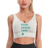 Custom Sports Bra, "YOUR DESIGN HERE" on white with yellow hearts. Breathable fabric, perfect for workouts. Womens tank top.