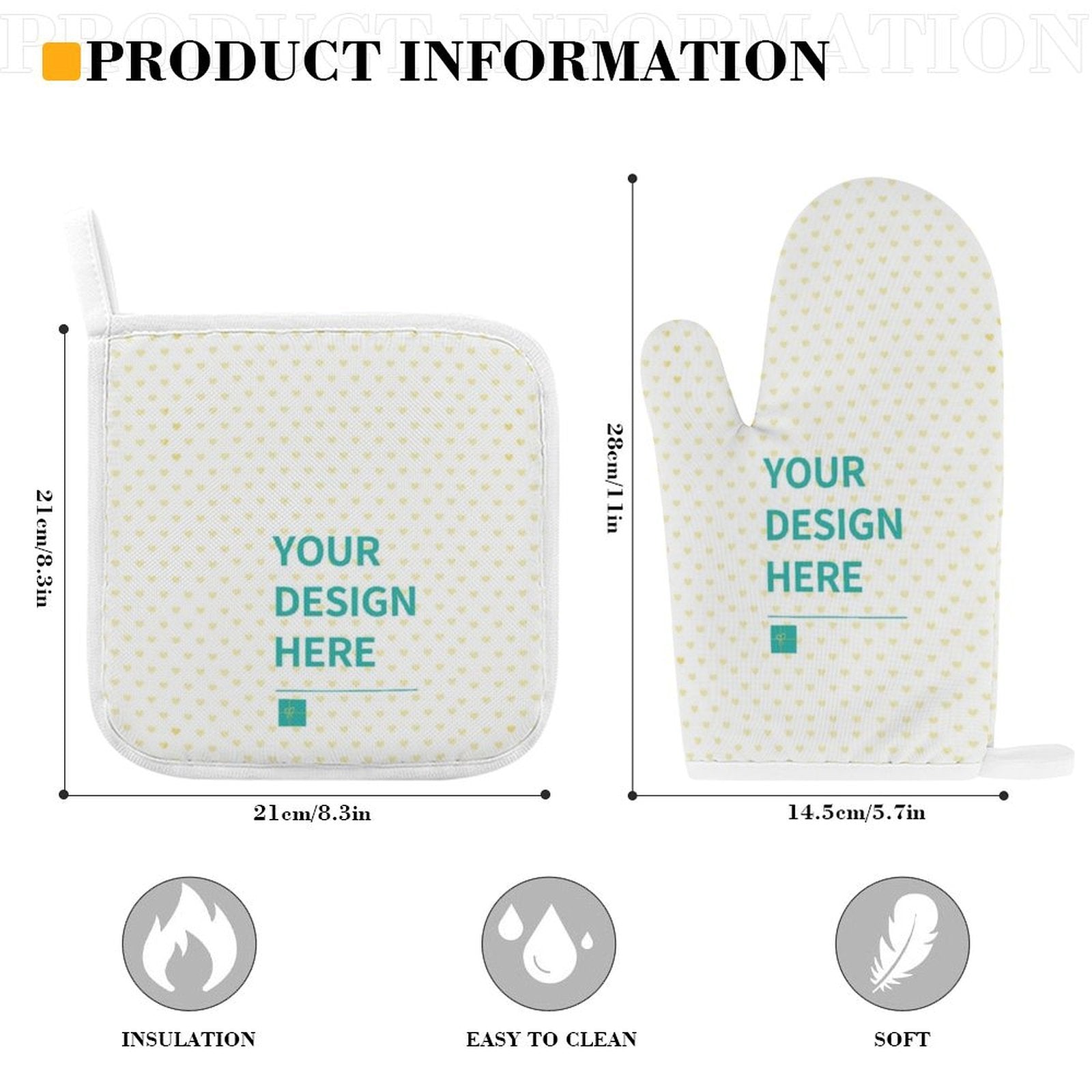 Customizable white potholder and oven mitt with Your Design Here text, kitchen accessories