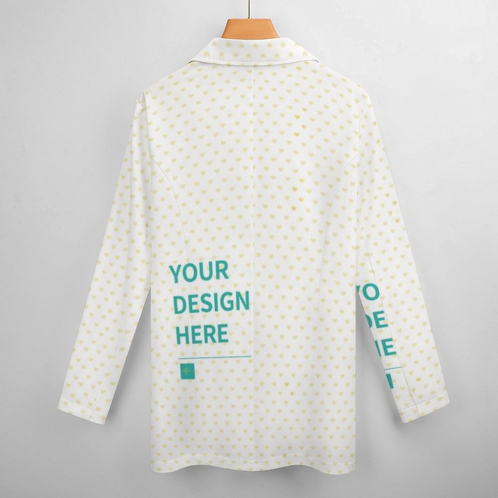 Customizable women's blazer with heart pattern. Features 'YOUR DESIGN HERE' for personalized design at MyArtsyGift.