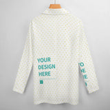 Customizable women's blazer with heart pattern. Features 'YOUR DESIGN HERE' for personalized design at MyArtsyGift.