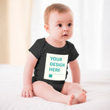 Customizable black baby bodysuit with 'YOUR DESIGN HERE' design, perfect gift.