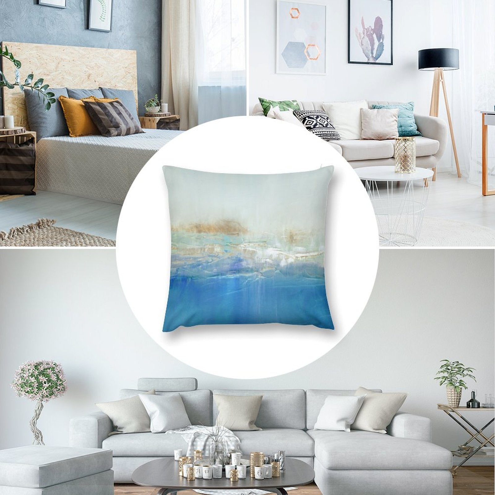 Abstract plush pillow cover with blue and gold art, for living room. MyArtsyGift decor