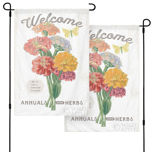 Double-sided garden flag with colorful zinnias and welcome text, made in USA