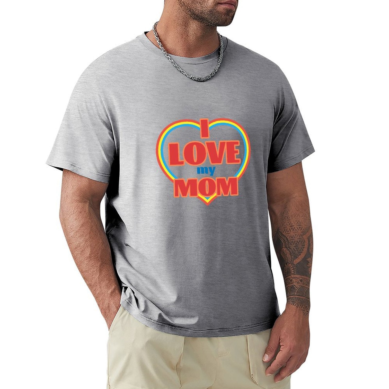 MyArtsyGift men's gray cotton t-shirt with 'I Love My Mom' design, classic crew neck tee.