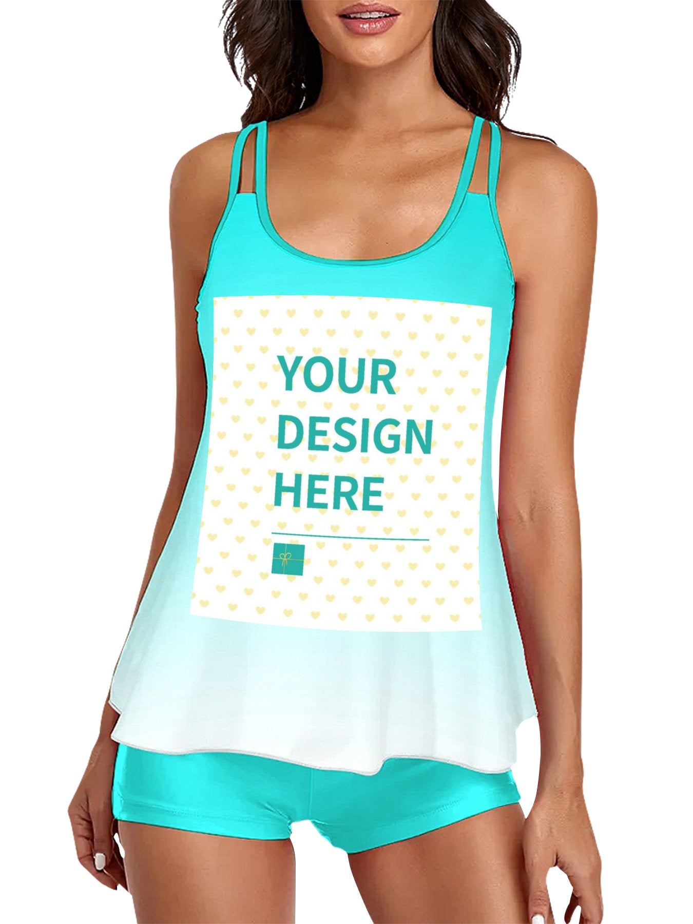 Customizable turquoise tankini swimsuit with "YOUR DESIGN HERE" design, perfect for beaches and vacations
