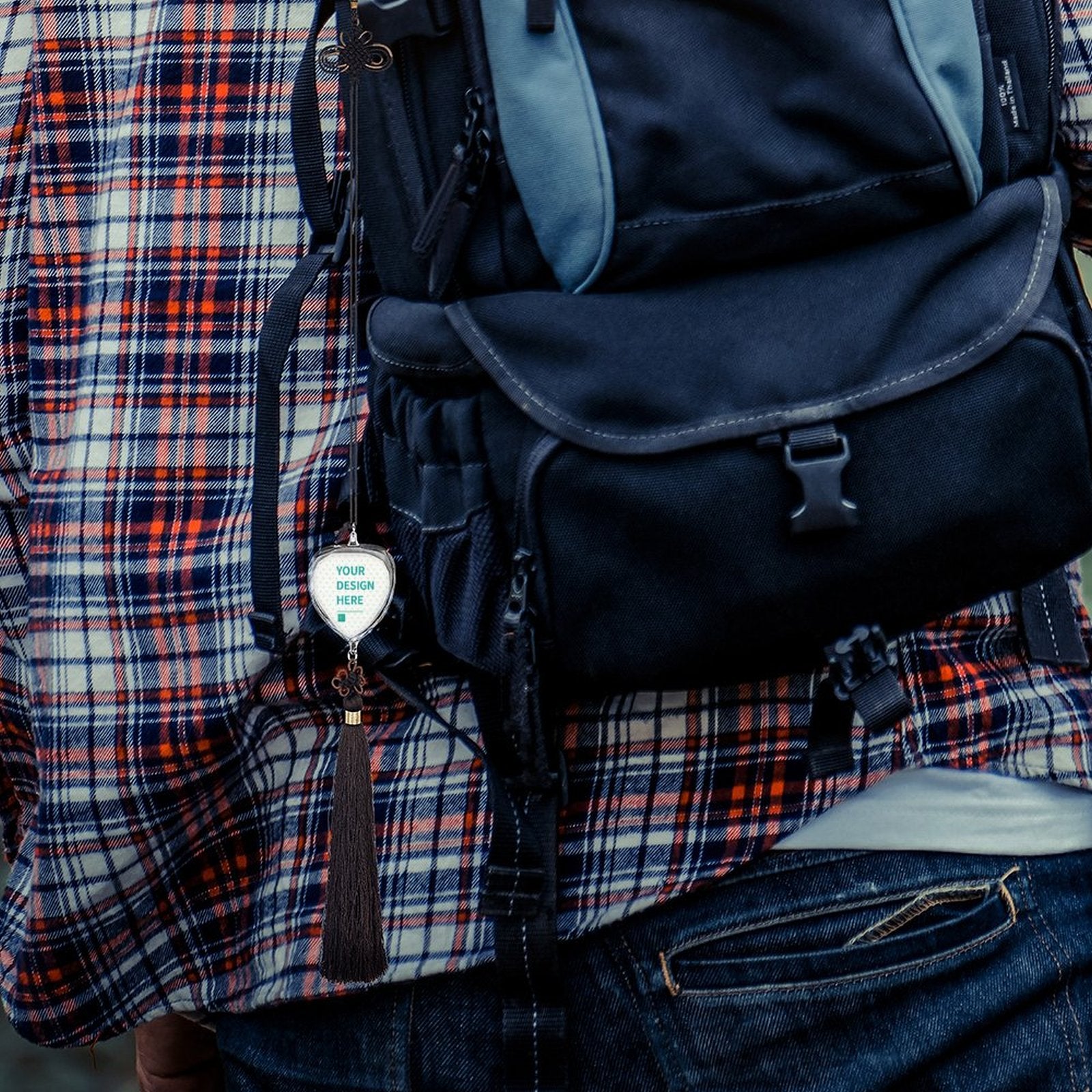 Customizable heart-shaped glass car pendant with Chinese knot and tassel; Featuring Your Design Here; car accessory gift