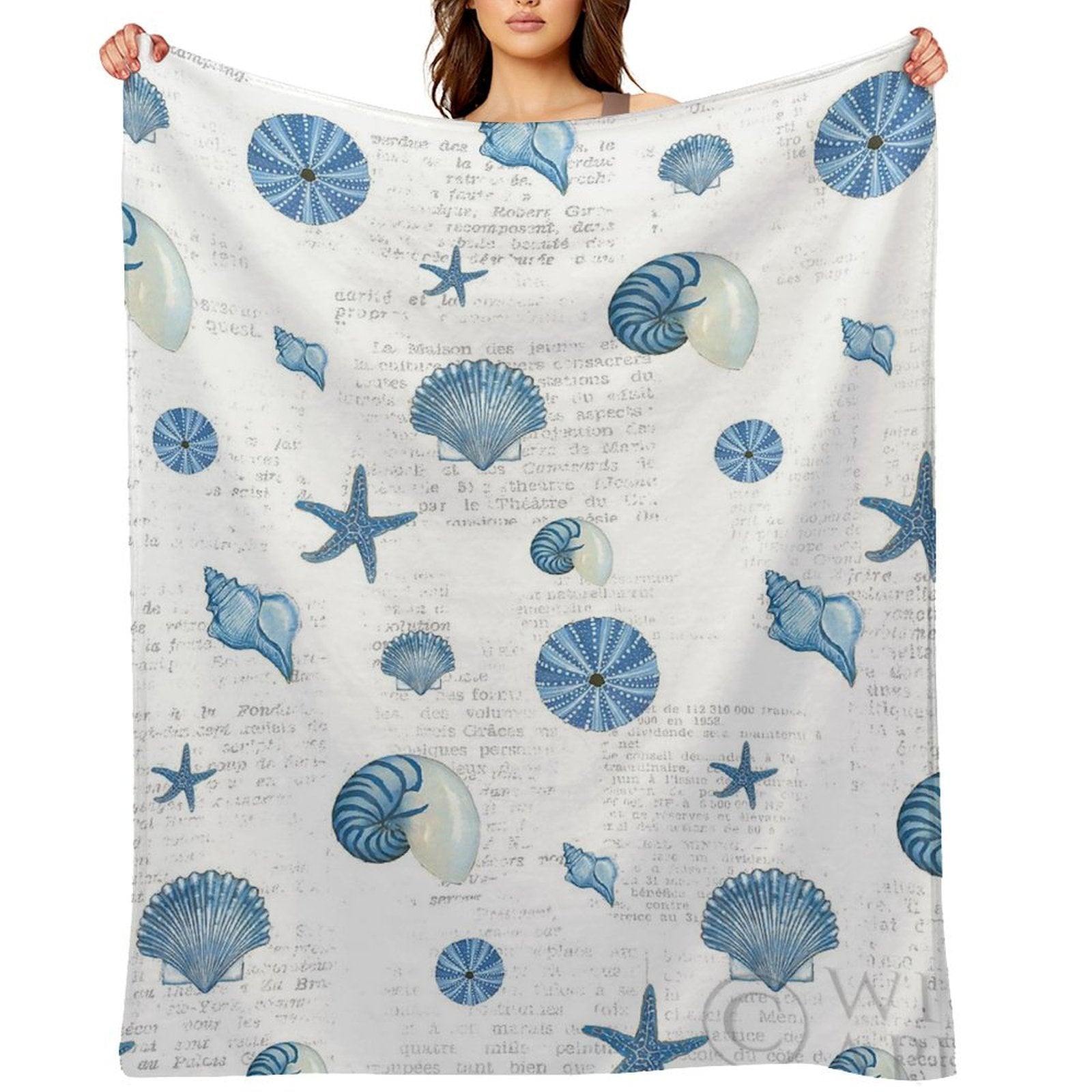 Navy shells pattern fleece blanket with seashell and starfish design