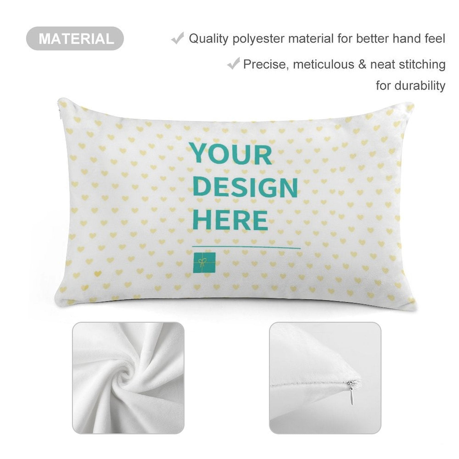 Customizable short plush pillow case with heart pattern and 'Your Design Here' text, white, personalized gift