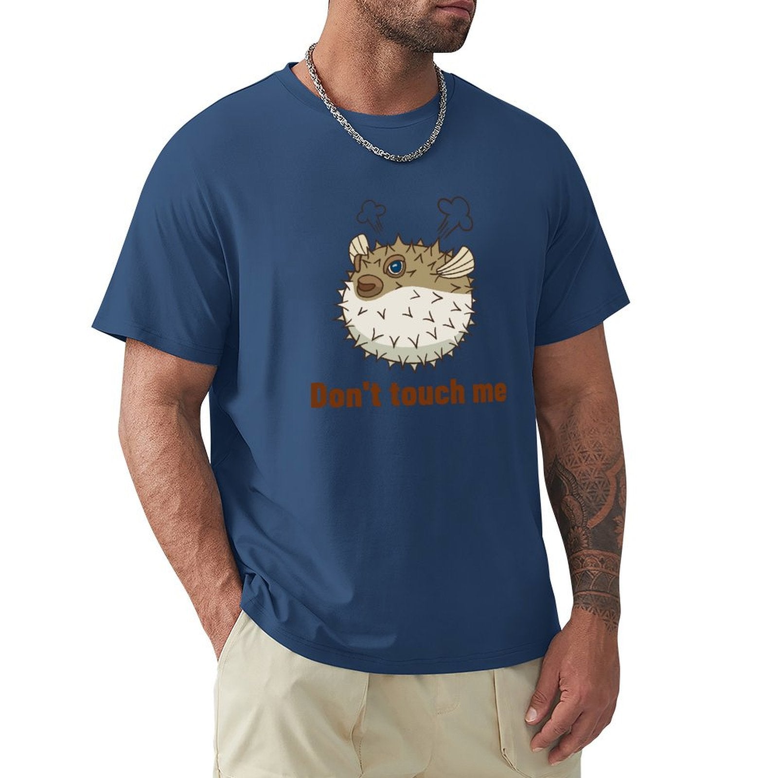 Men's navy blue t-shirt featuring pufferfish design and "Don't touch me" text, crew neck tee, MyArtsyGift