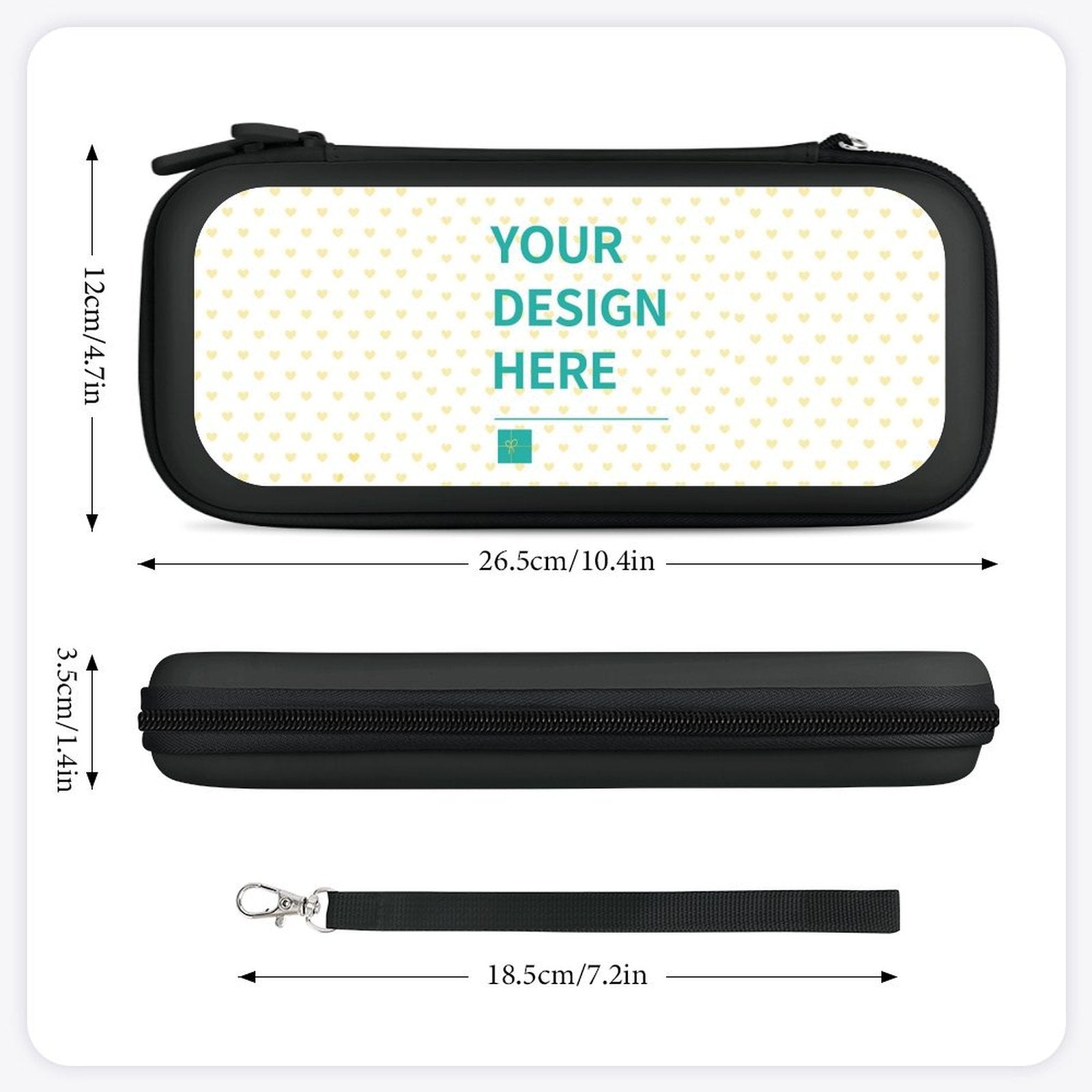 Black customizable Nintendo Switch carrying case. Includes 'Your Design Here' text, EVA material, and dimension guide.