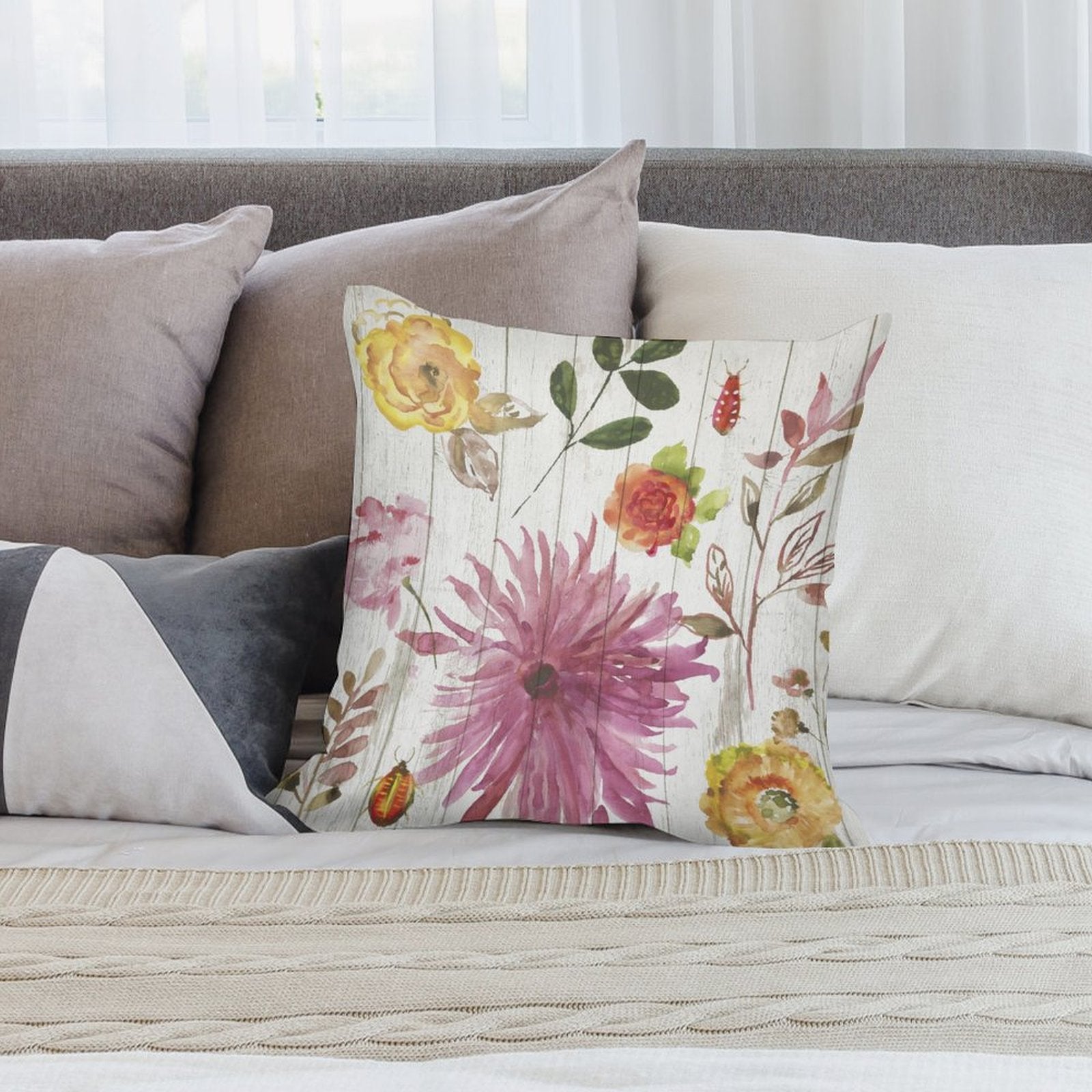 Watercolor floral pillow cover, soft plush material, perfect for sofa or couch, decorative flowers design.