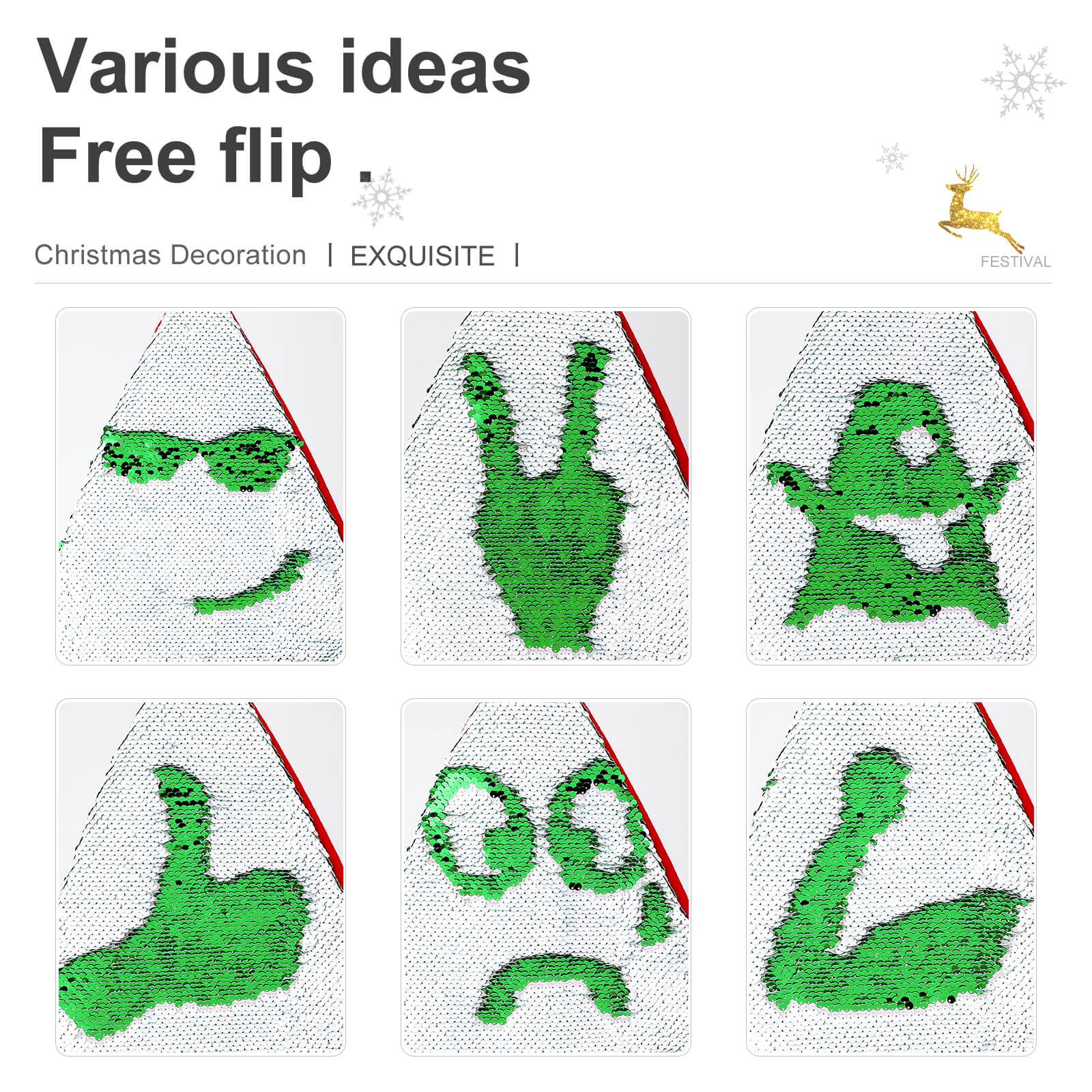 Various sequin Christmas hat designs with free flip patterns, perfect for Xmas parties and holiday decorations.