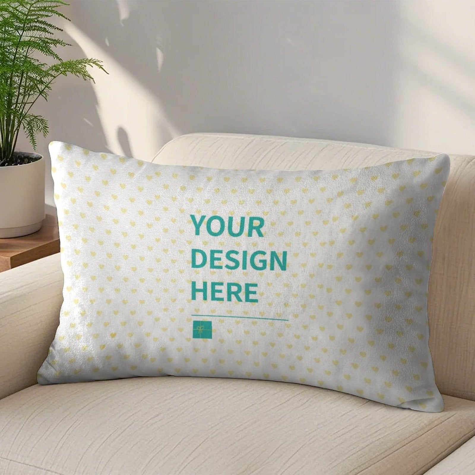 Custom golden velvet pillowcase, personalized design, on a sofa. Featuring 'YOUR DESIGN HERE' text for home decor.