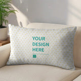 Custom golden velvet pillowcase, personalized design, on a sofa. Featuring 'YOUR DESIGN HERE' text for home decor.