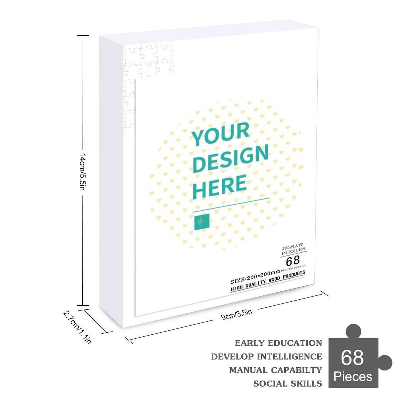 Customizable round photo puzzle box with design space, 68 pieces. Personalized wooden jigsaw puzzle for adults and kids.