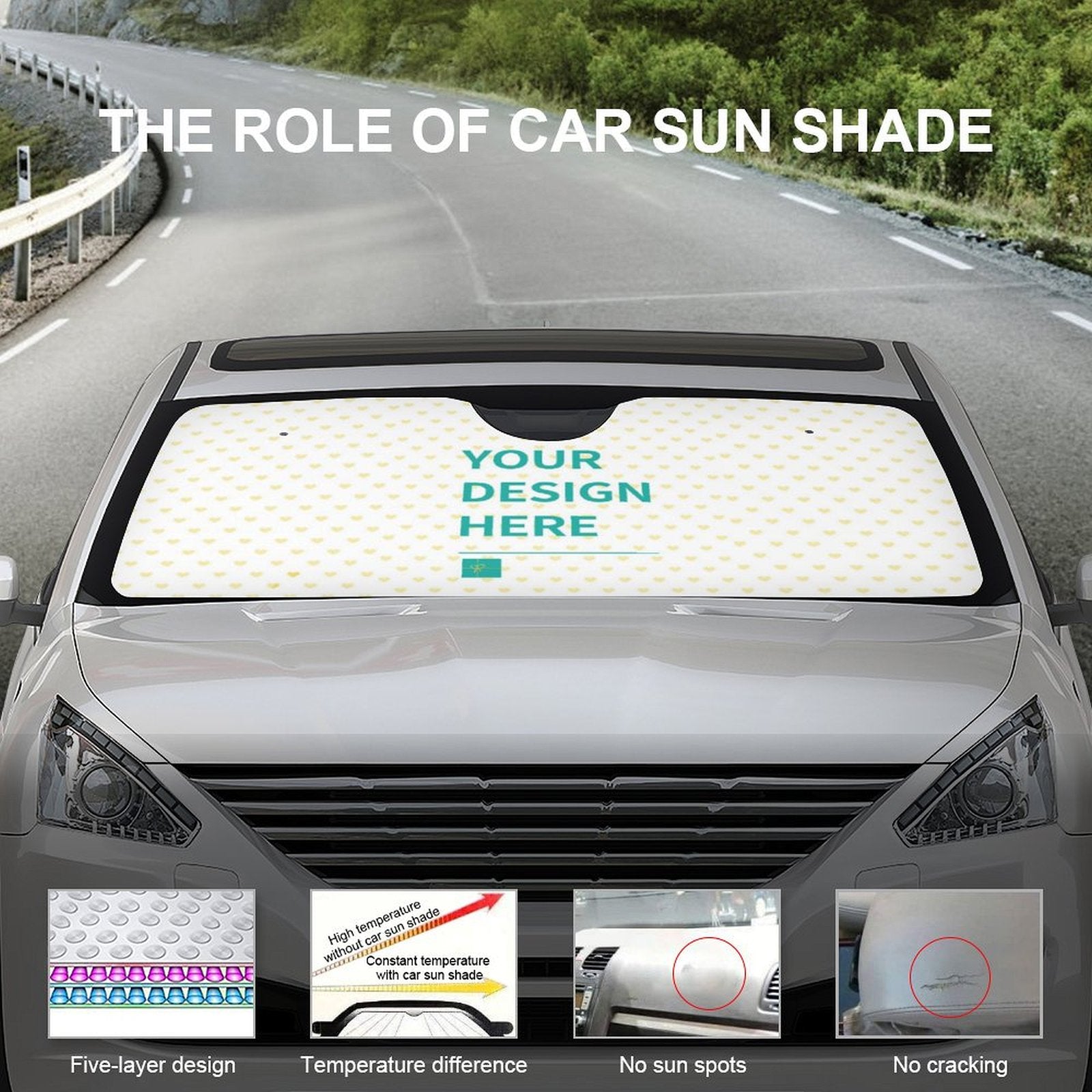 Custom car sunshade with "YOUR DESIGN HERE" on car windshield, featuring five-layer design for UV protection.