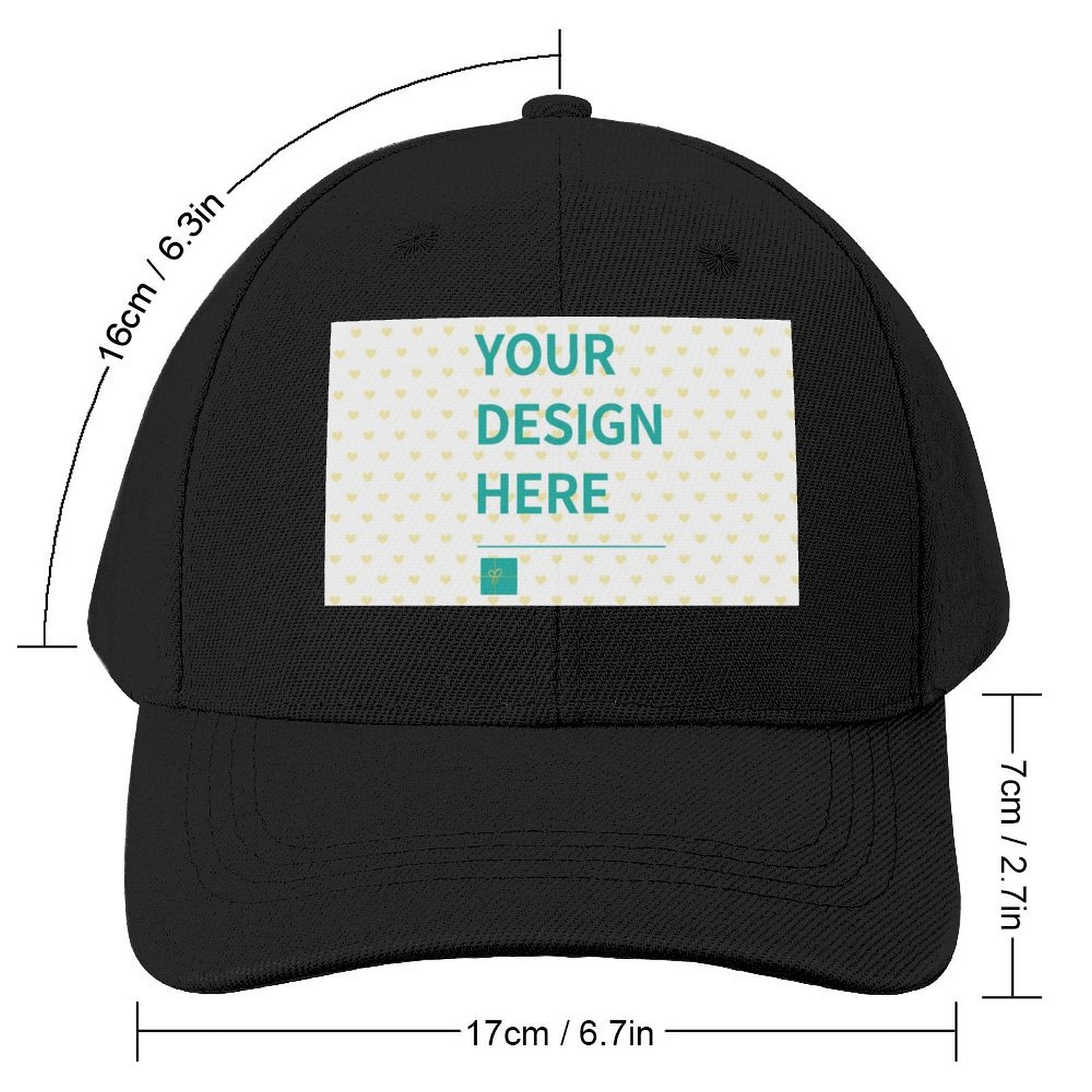 Custom design baseball cap in black polyester, personalized with your design, for men and women, available at MyArtsyGift.