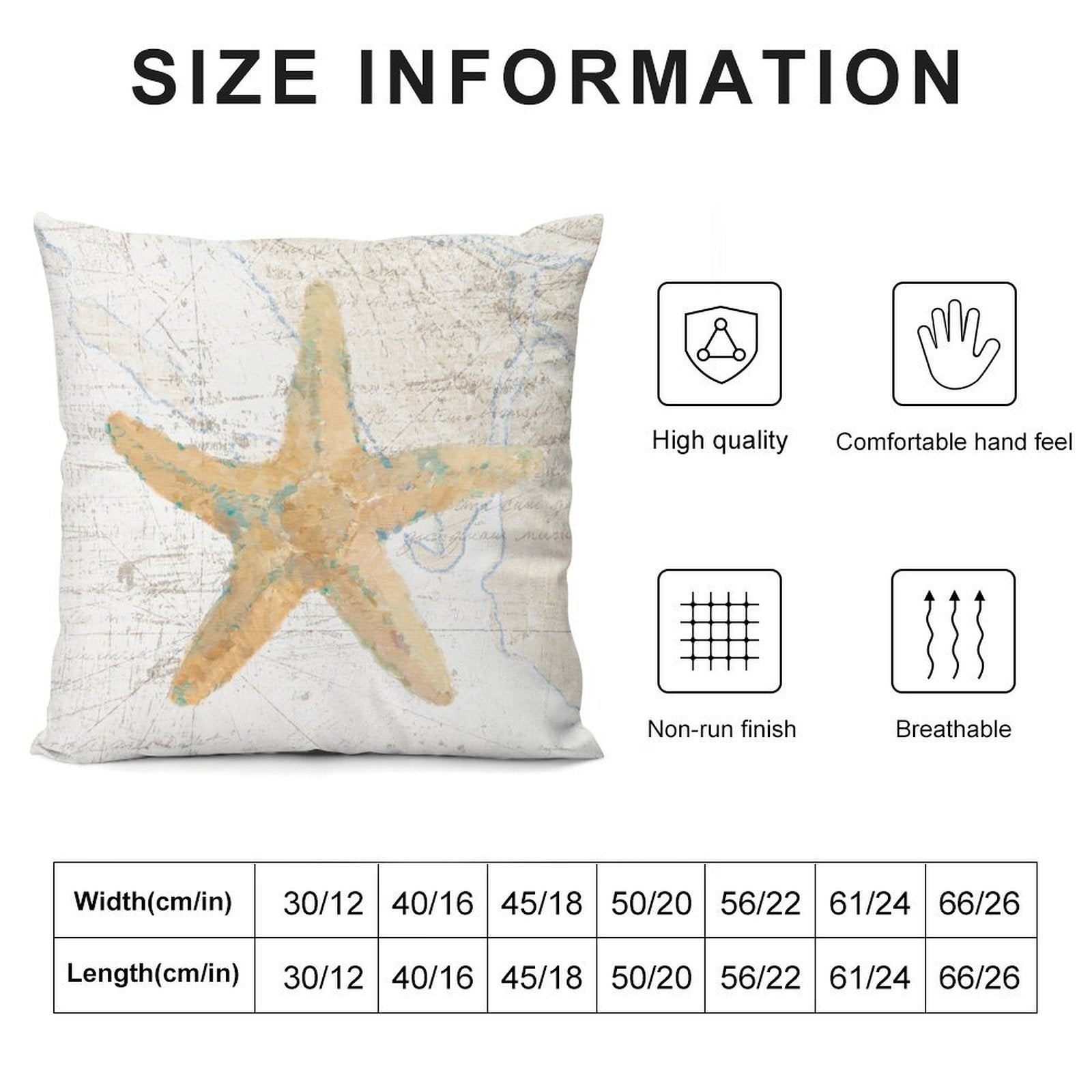 Plush pillow cover with starfish design, available in multiple sizes. Features high quality, breathable, non-run finish.