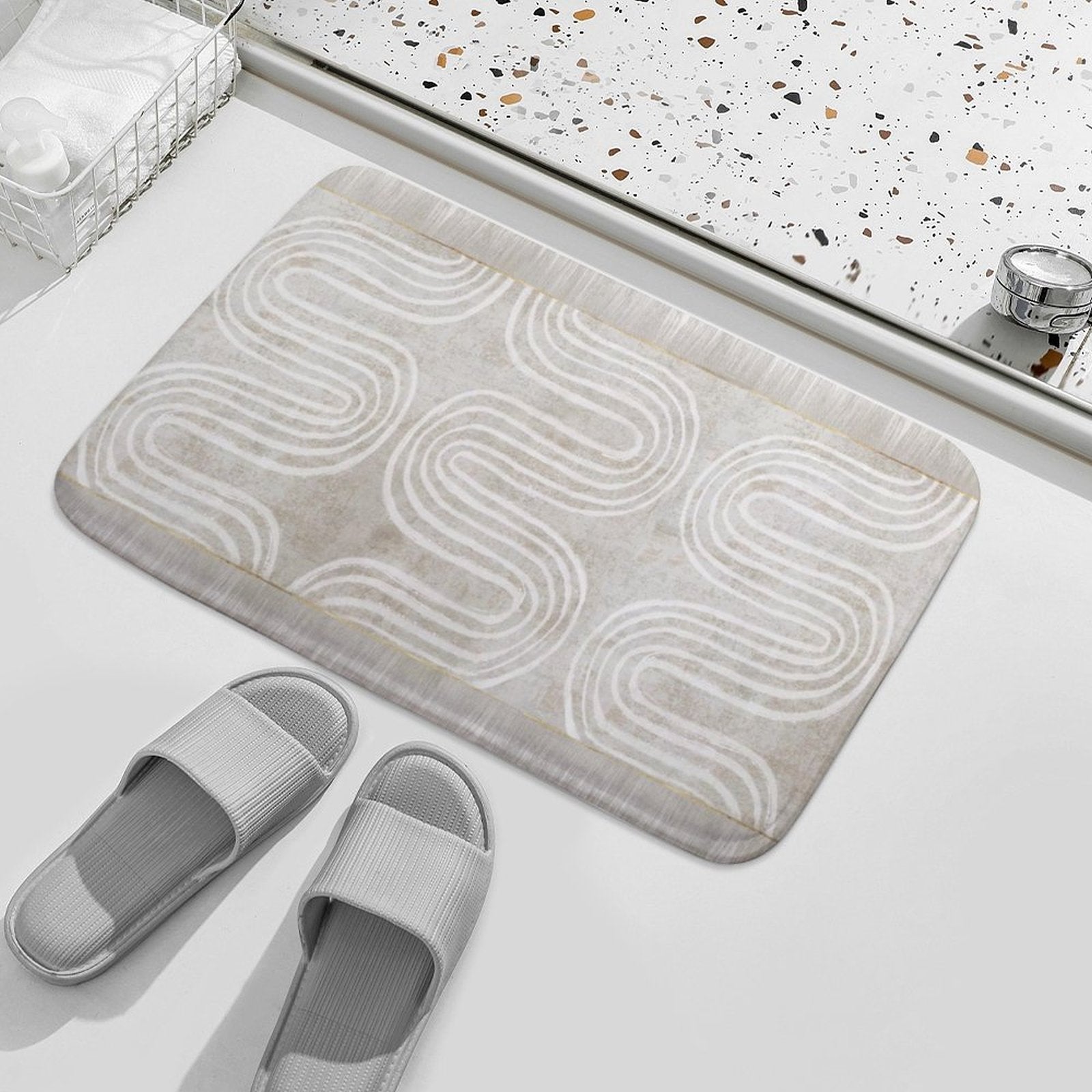 Coral velvet bath rug with abstract wave design, non-slip and quick-drying for bathroom.
