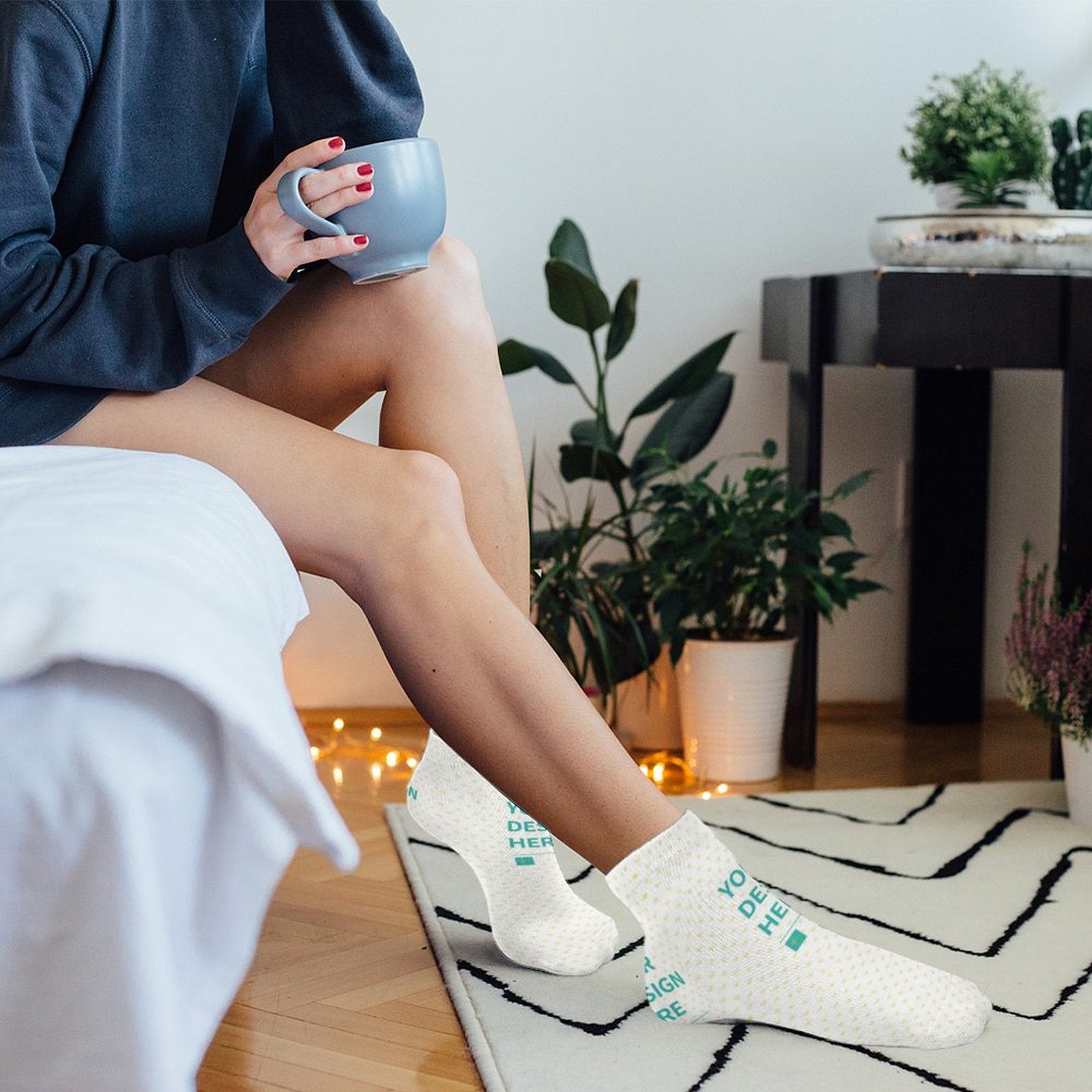 Custom short socks with "YOUR DESIGN HERE" design, personalized gift, polyester material, comfortable and breathable