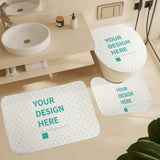 Custom bath rug set, coral fleece, 'YOUR DESIGN HERE' design. Rectangular, U-shape, and toilet cover included.