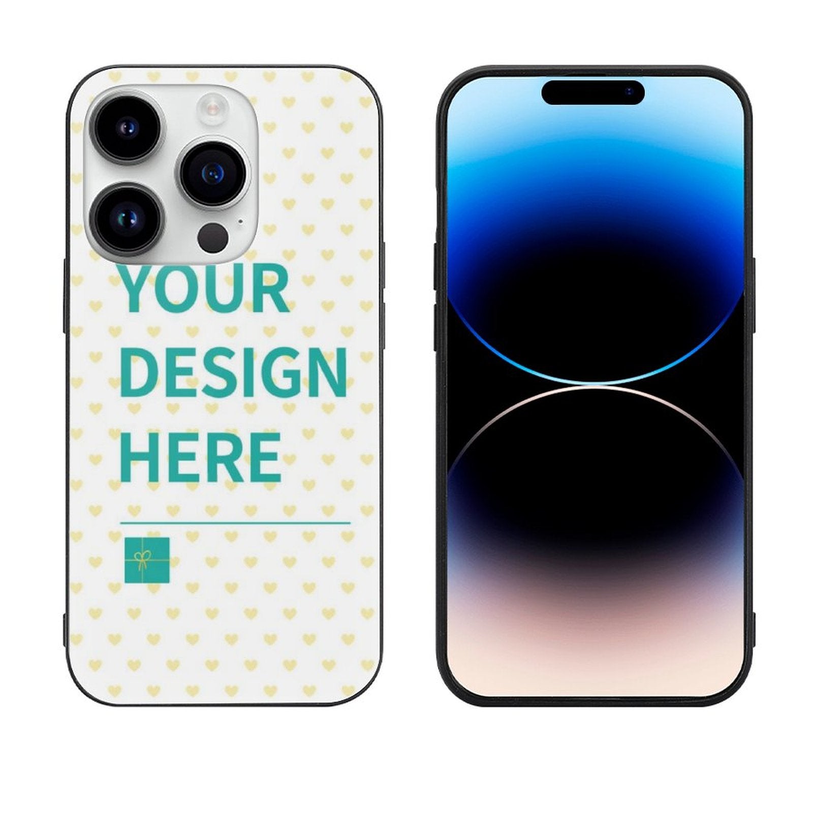 Custom iPhone 14 case, personalized design option, text 'YOUR DESIGN HERE', heart pattern, MyArtsyGift.com