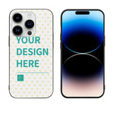 Custom iPhone 14 case, personalized design option, text 'YOUR DESIGN HERE', heart pattern, MyArtsyGift.com