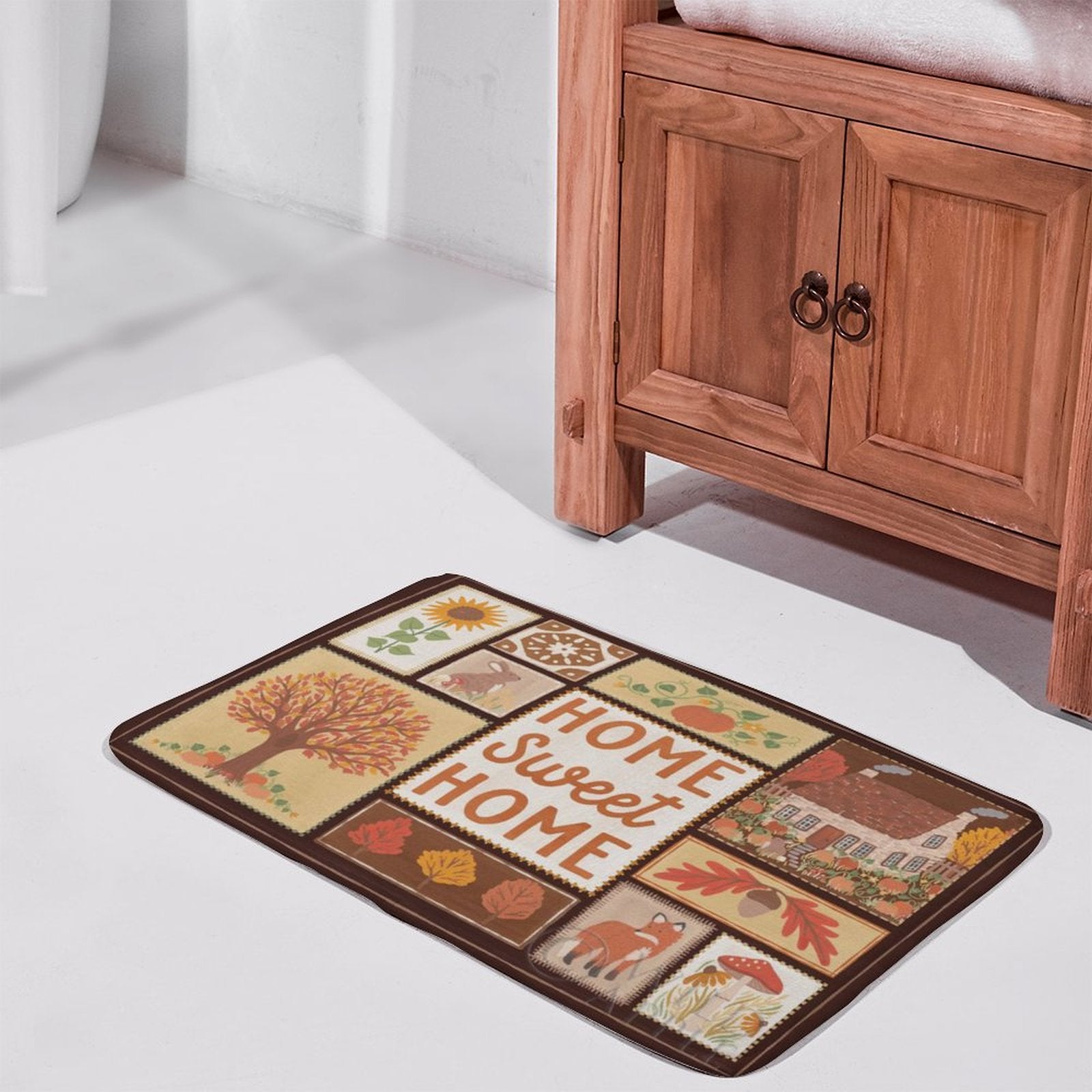 Coral velvet bath rug with 'Home Sweet Home' design, non-slip bathroom carpet