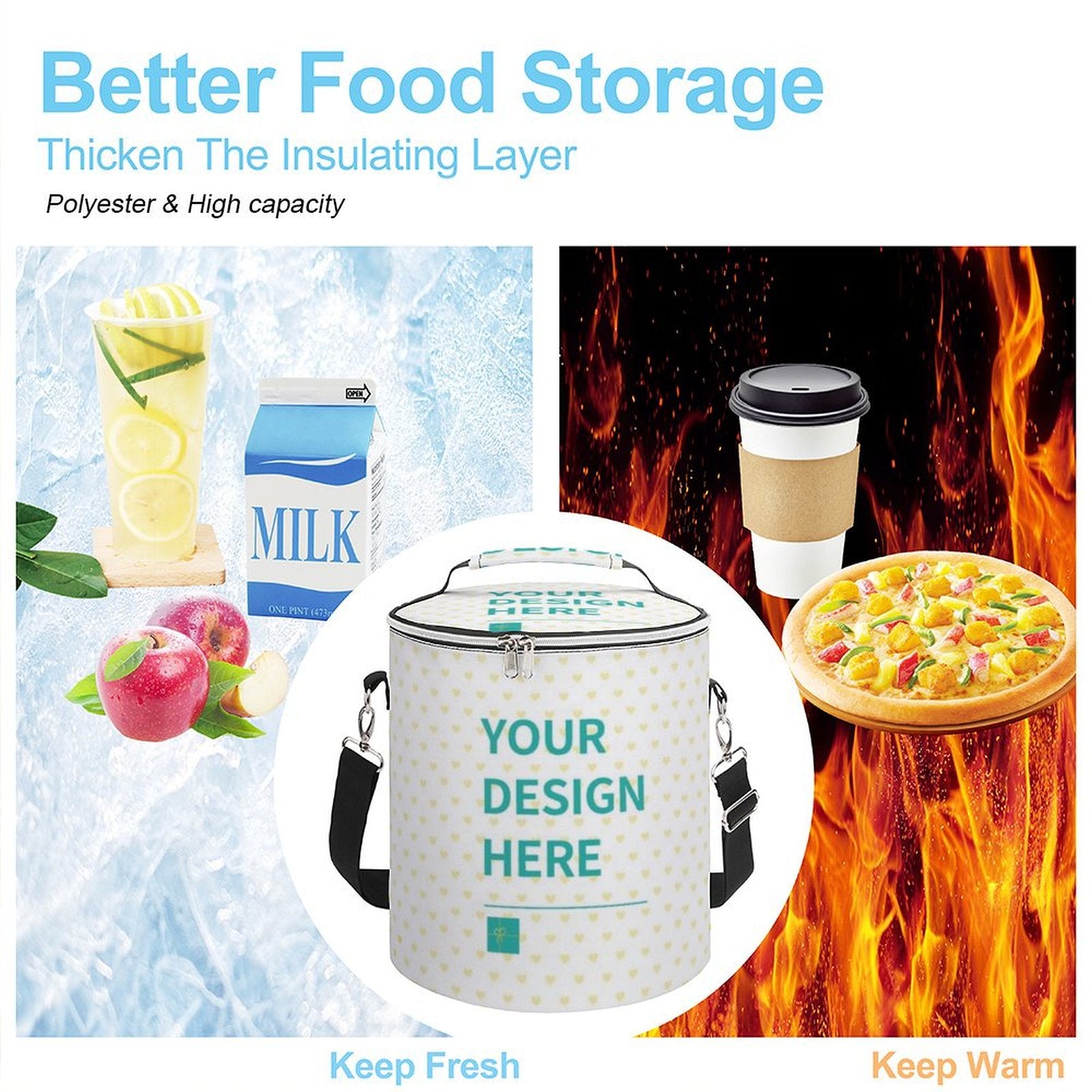 Customizable cooler backpack with 'YOUR DESIGN HERE' design for travel and picnic, keeps food fresh and warm.