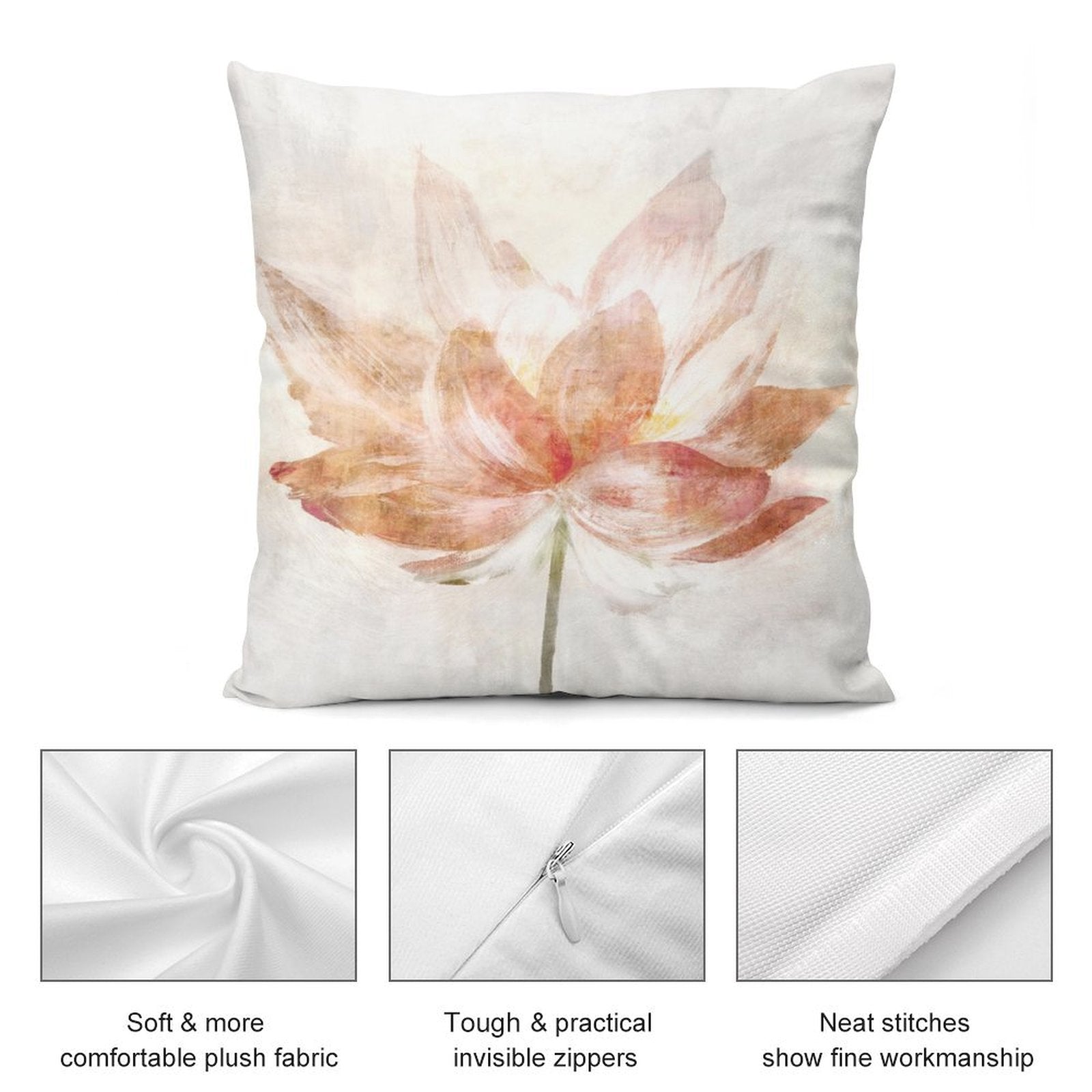 Luxury plush throw pillow cover with watercolor lotus design, soft fabric, and invisible zipper. Perfect for sofa decor.