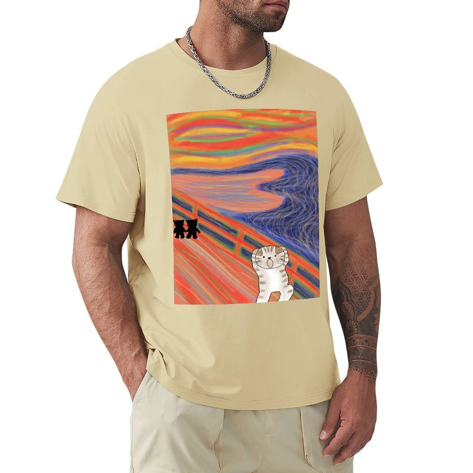 Men's light tan crew neck t-shirt with 'The Scream' cat art print, classic tee for men, breathable cotton fabric.