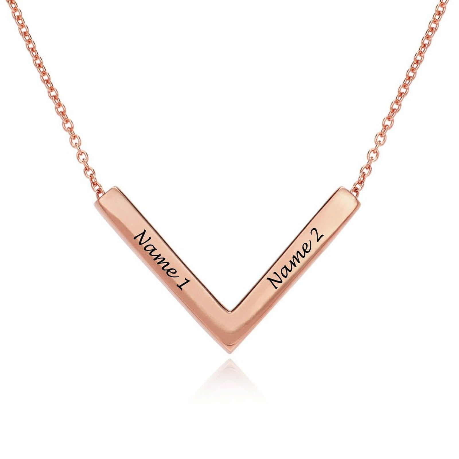 Custom rose gold V-shaped bar pendant necklace, personalized with names engraved, ideal for gifts.