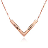 Custom rose gold V-shaped bar pendant necklace, personalized with names engraved, ideal for gifts.