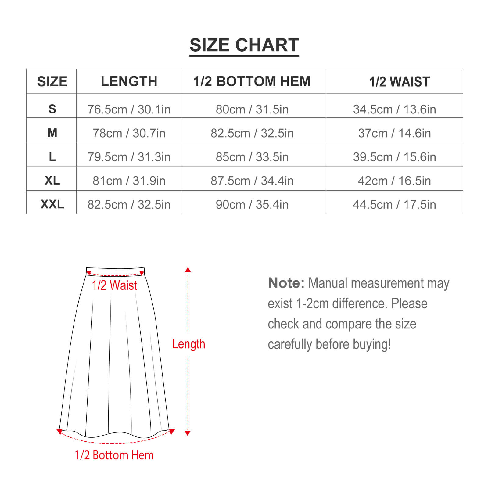 Size chart for custom midi skirts, measurements in cm and inches, including waist, hem and length.