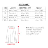 Size chart for custom midi skirts, measurements in cm and inches, including waist, hem and length.