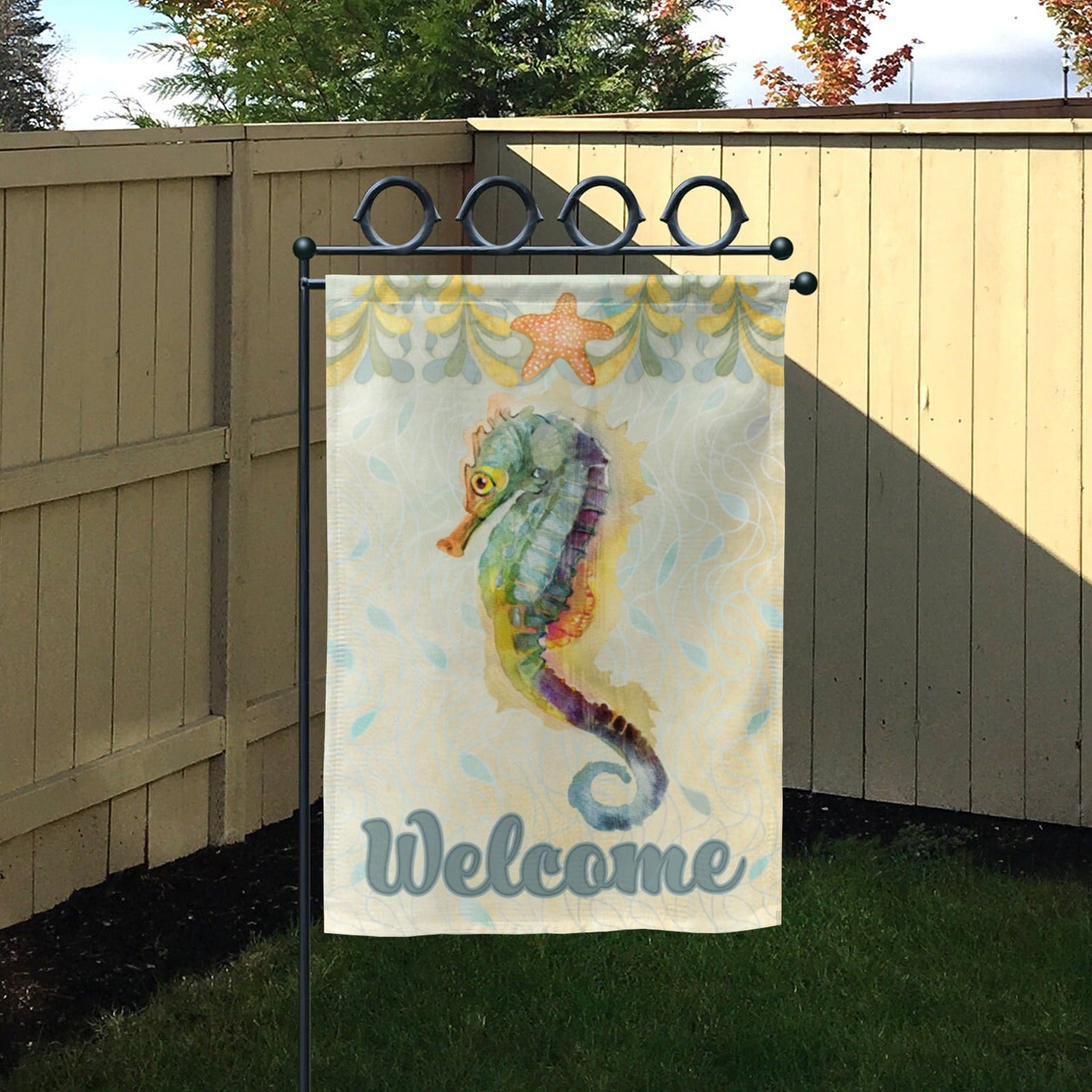Seahorse Welcome Garden Flag - Double-sided polyester farmhouse yard decor with colorful seahorse design