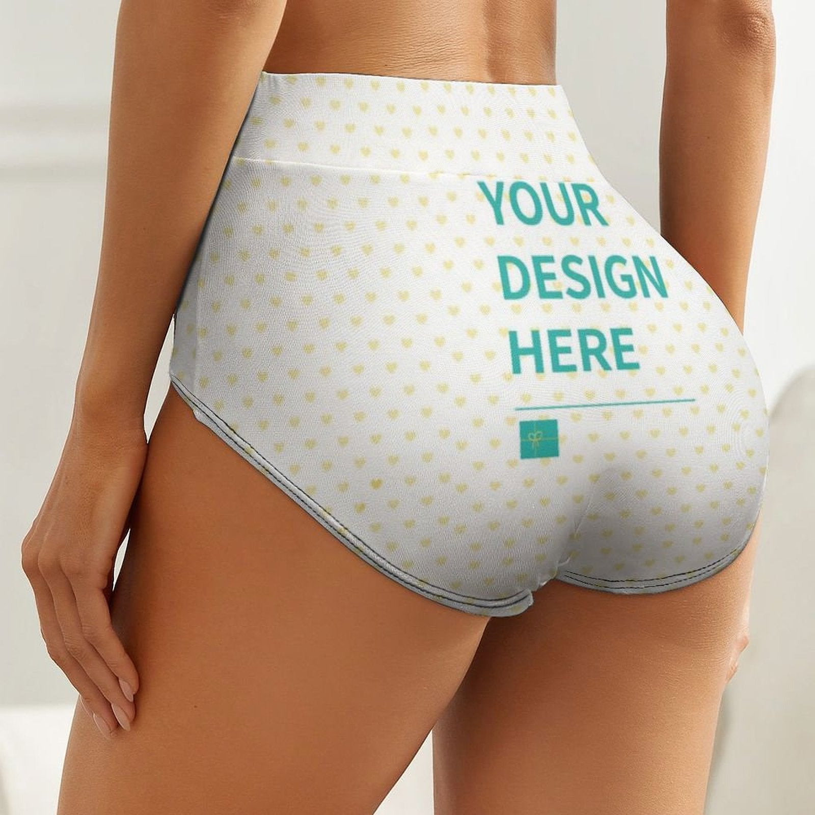 Customizable high-waisted women's underwear, white with yellow hearts. YOUR DESIGN HERE, MyArtsyGift