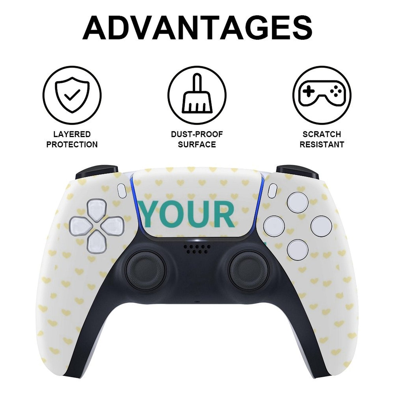 Custom PS5 controller skin, yellow hearts, layered protection, dust-proof, scratch-resistant, personalized