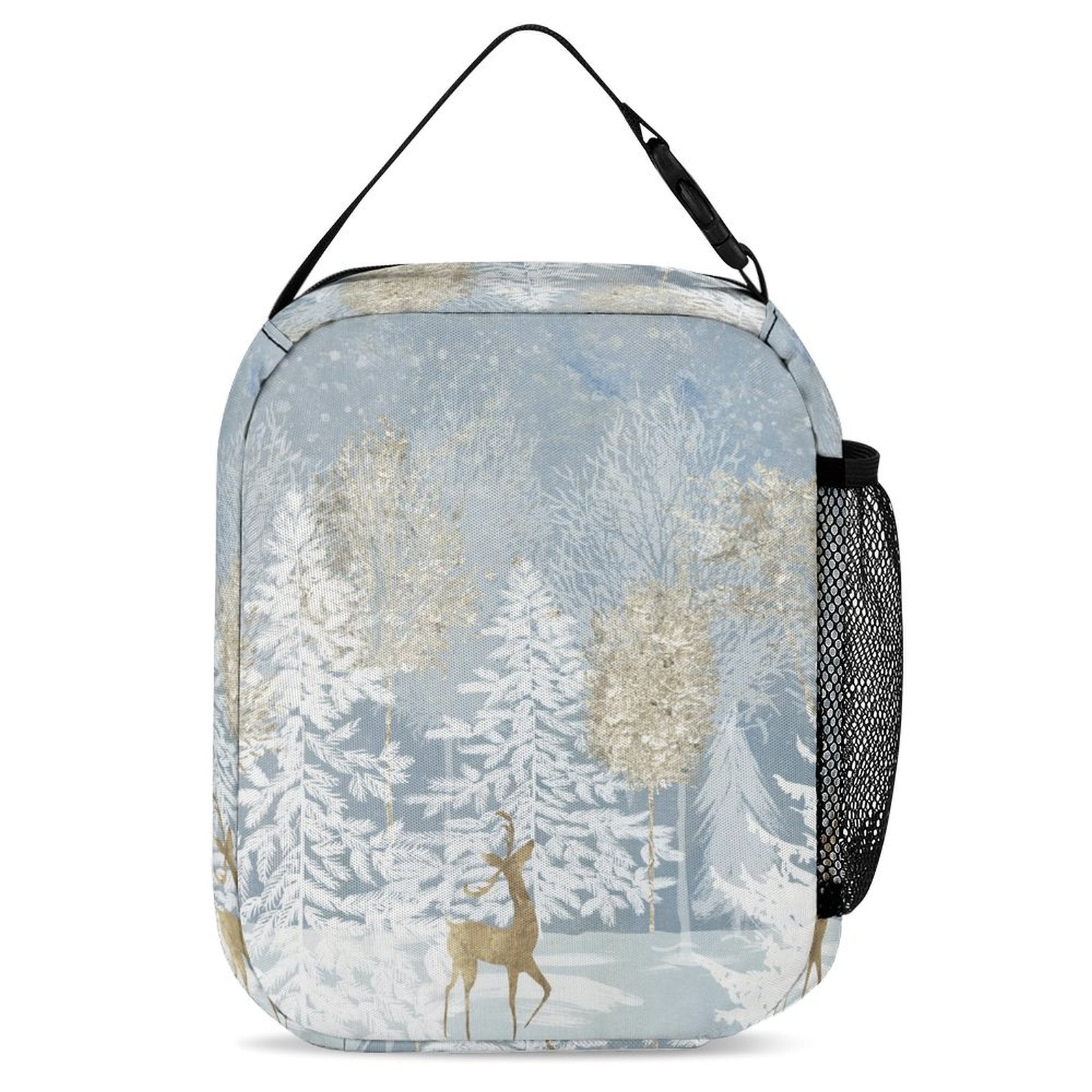Winter forest lunch bag for kids with deer illustration, insulated and portable. Perfect for school and travel.