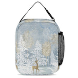 Winter forest lunch bag with deer design, black handle and side mesh pocket, perfect for school or travel.