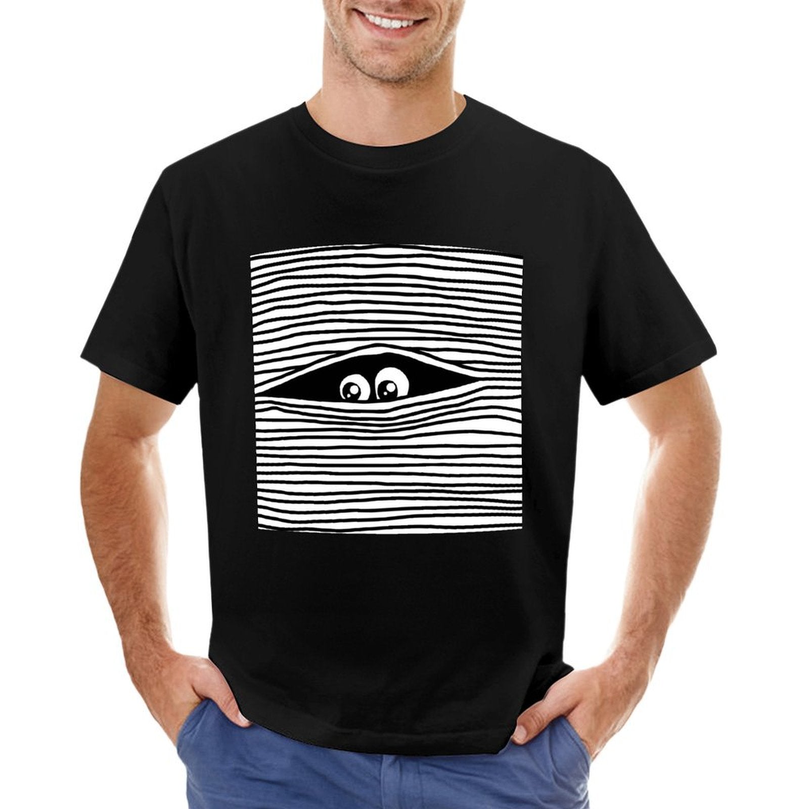Black men's crew neck t-shirt with a unique eye graphic, perfect for MyArtsyGift.