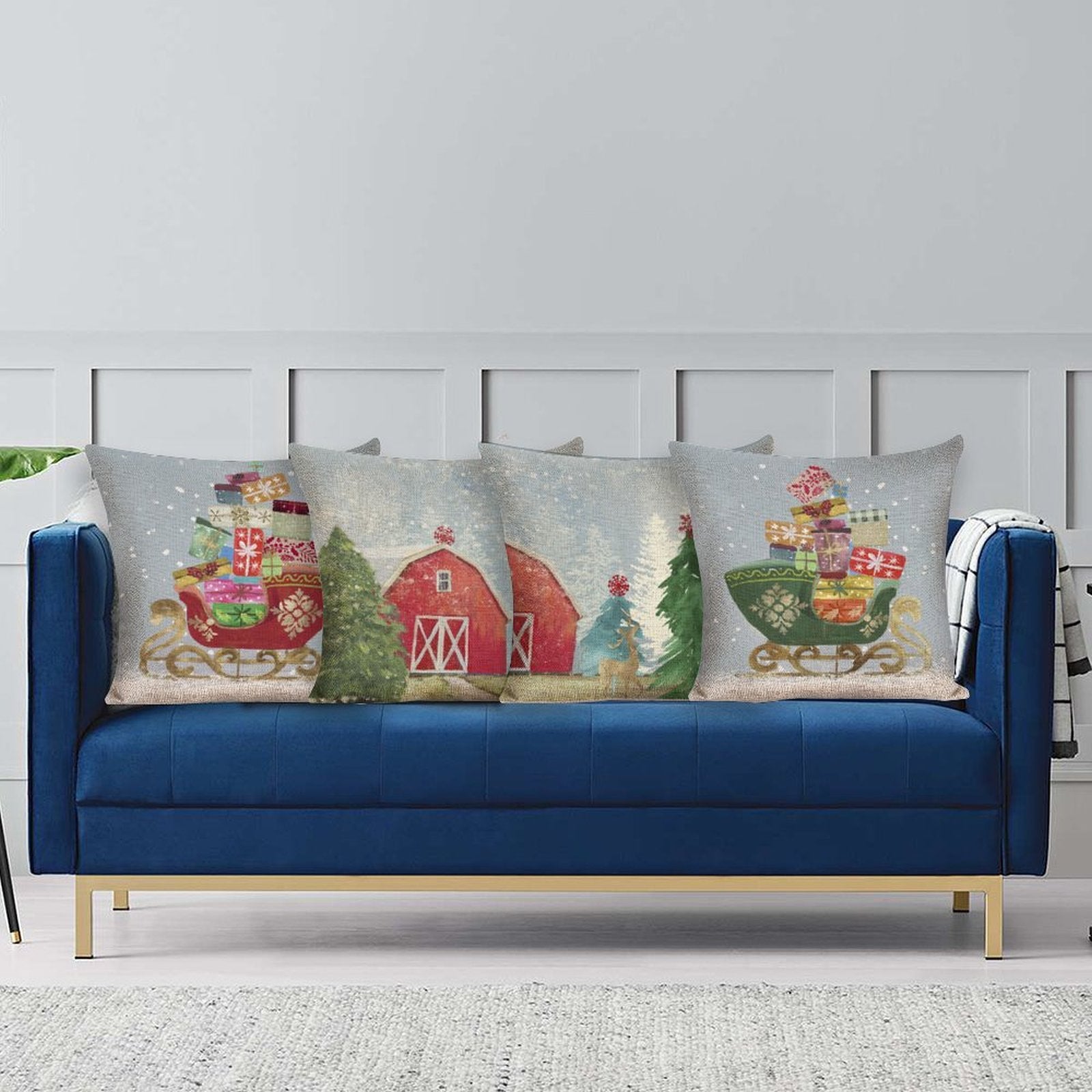 Cotton Linen Throw Pillow Set of 4 with Christmas designs. Winter scenes featuring sleighs, barn, and trees.